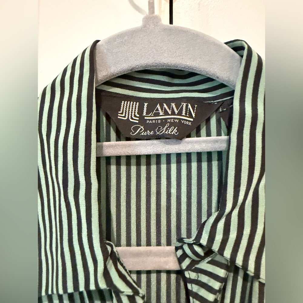 LANVIN Vintage Silk Dark Green Striped Long Sleeve Button Front Dress Size 10 - Picture 3 of 15
